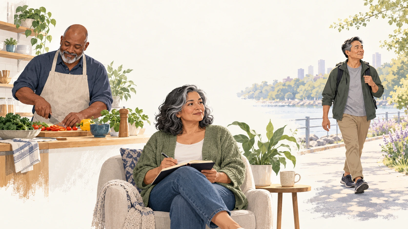 Editorial illustration of three adults preparing a meal, writing appointment notes, and walking outdoors.