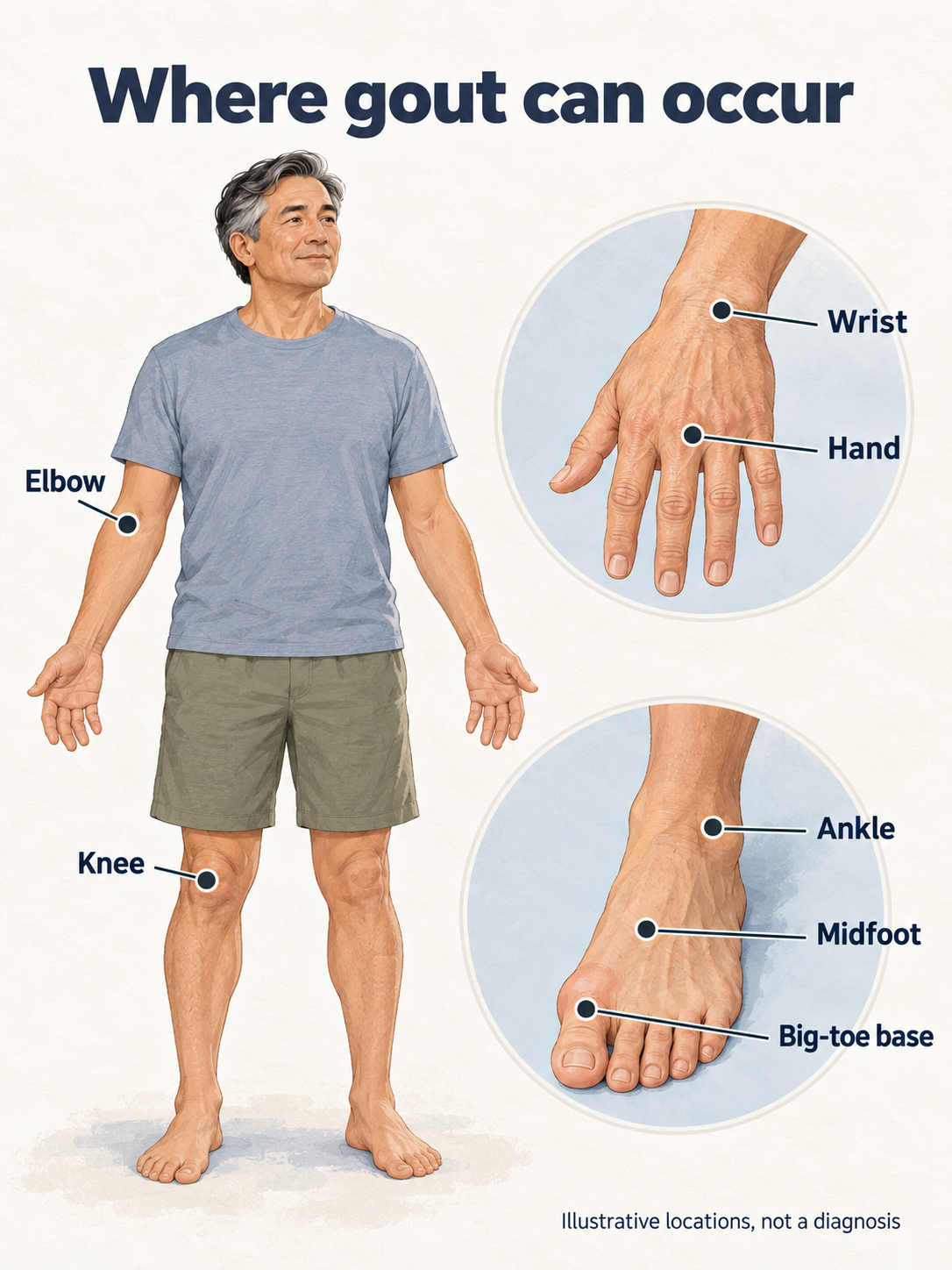 Body-area diagram and hand and foot insets label elbow, knee, hand, wrist, ankle, midfoot, and the base of the big toe as illustrative gout locations.