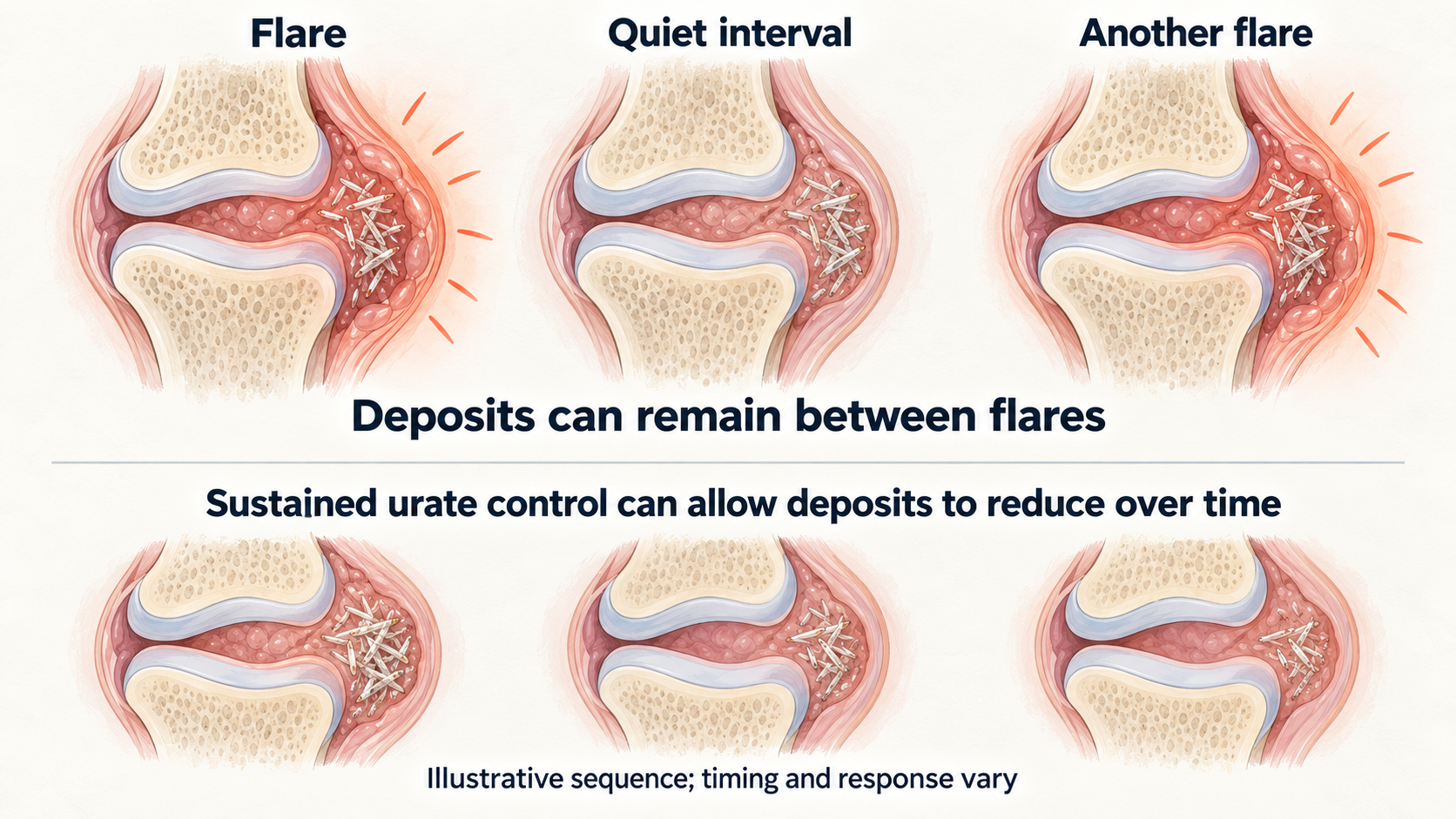 Joint schematics show deposits remaining during a quiet interval between flares, with a separate conceptual sequence of deposits reducing over time.