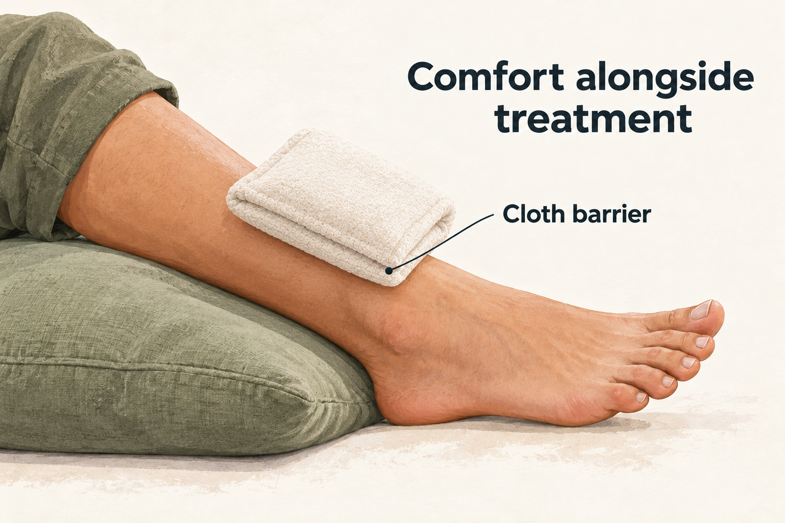 A supported lower leg and foot with a cold pack fully enclosed in folded cloth resting loosely near the ankle; a label points to the cloth barrier.