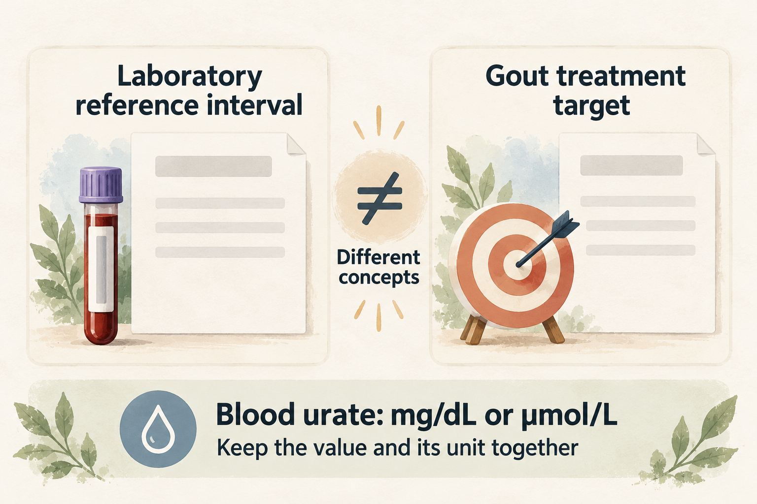 Separate cards distinguish a laboratory reference interval from a gout treatment target, with a reminder to keep blood urate values and mg/dL or µmol/L units together.