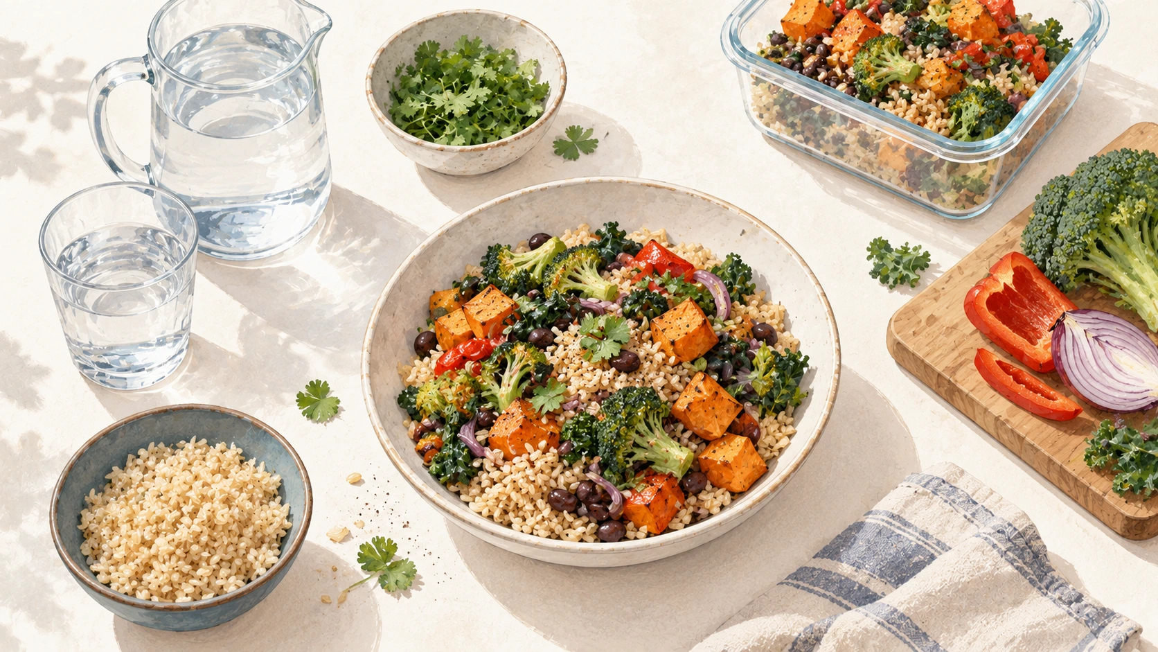 Overhead illustration of grains, beans, and vegetables in a meal bowl beside water, ingredients, and a food-storage container.