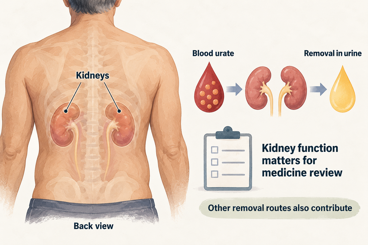 Posterior torso diagram marks the kidneys, alongside a separate blood-urate-to-kidneys-to-urine flow and a medicine-review reminder.