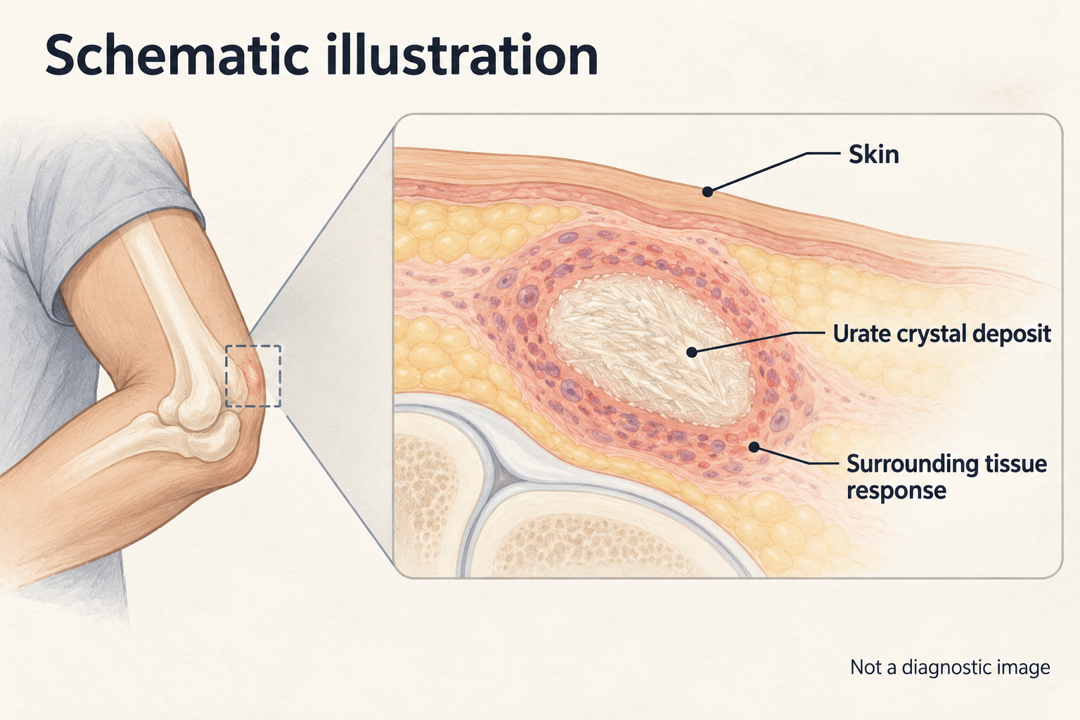 Schematic elbow detail and tissue cross-section label skin, a localized urate crystal deposit, and the surrounding tissue response; marked as non-diagnostic.