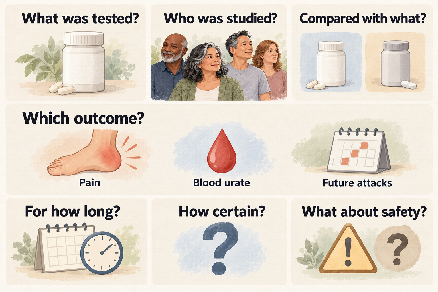 Illustrated checklist asks seven questions about a remedy study and separately identifies pain, blood urate, and future attacks as outcomes.