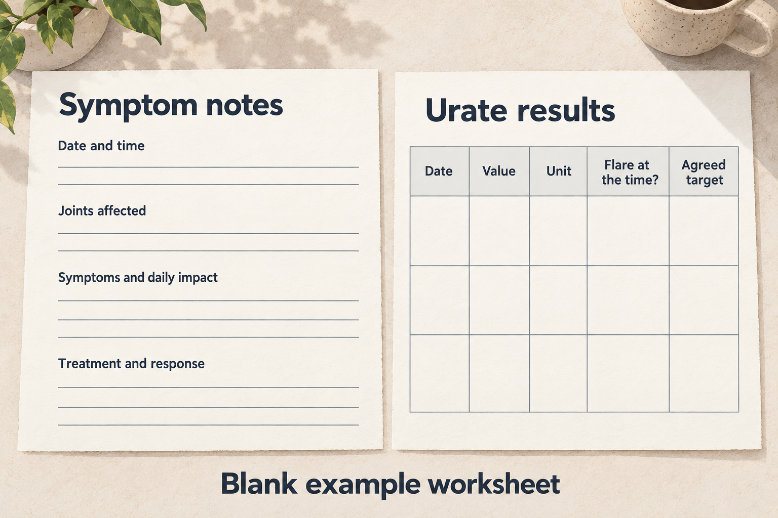 Blank paper symptom-note fields sit beside an empty five-column urate-results table, labeled as an example worksheet.
